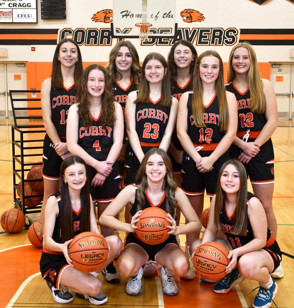 JV girls basketball team. Starting at the top from left to right: Haley Mumau, Rylee Nickerson, Regan Kemp, Grace Allen, Kaylee Barber, Lily Light, Alison Yetzer, Molly Irwin, Isabella OConnor, and Leah Mitchell. 