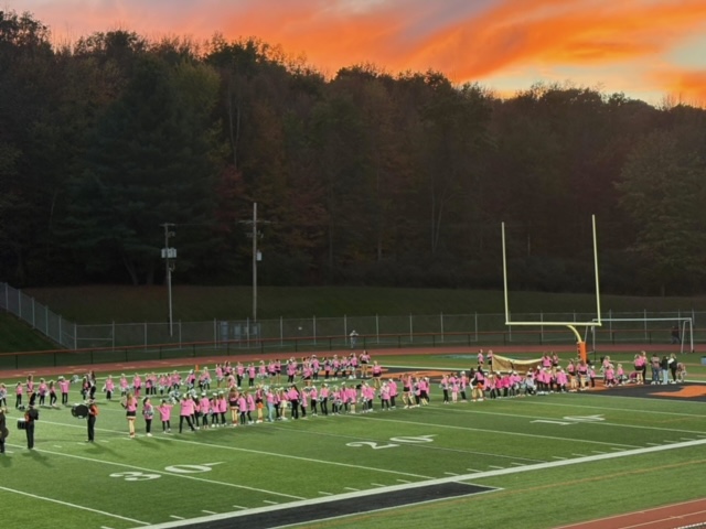 This is a picture of all of the girls lining up on the field so the football players can run through them