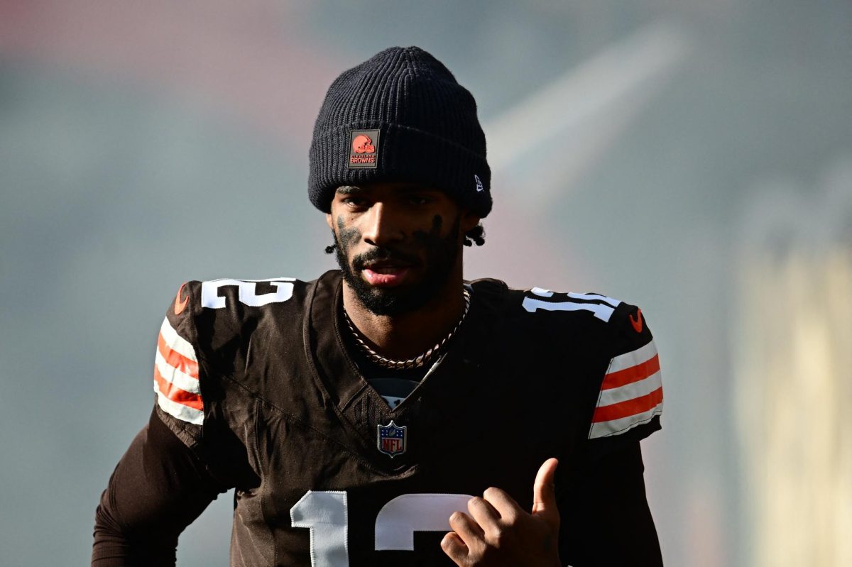 Dec 21, 2025; Cleveland, Ohio, USA;  Cleveland Browns quarterback Shedeur Sanders (12) is introduced prior to a game against the Buffalo Bills at Huntington Bank Field. Mandatory Credit: Ken Blaze-Imagn Images