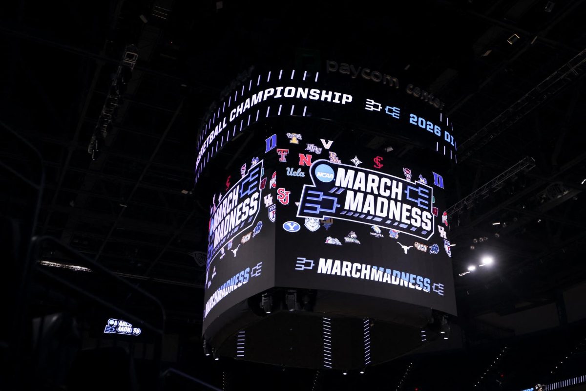 Mar 21, 2026; Oklahoma City, OK, USA; The March Madness logo is seen prior to game between the Texas A&M Aggies and Houston Cougars in the second round of the men's 2026 NCAA Tournament at Paycom Center. Mandatory Credit: William Purnell-Imagn Images