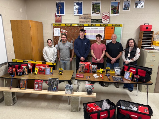 Students in the Property Building Maintenance Program receive tools through TANF grant: Cashlyn Reed, Seth Alsdorf, Colton Anderson, Isaac Hicks, Brock Jaquith (CTC instructor), Mercedes Donavan (TANF Youth Career Advisor)